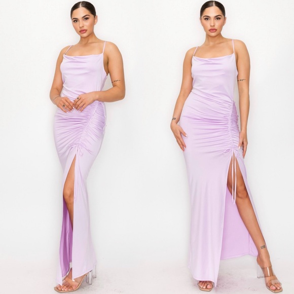 Lavender ruched cowl neckline maxi dress- wedding special occasion dress - Picture 3 of 9